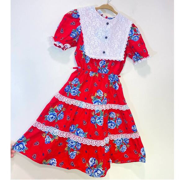 Union Made, Randi Tara Kids Red Tiered Dress 10us, Cottage Core - Lace/Cotton